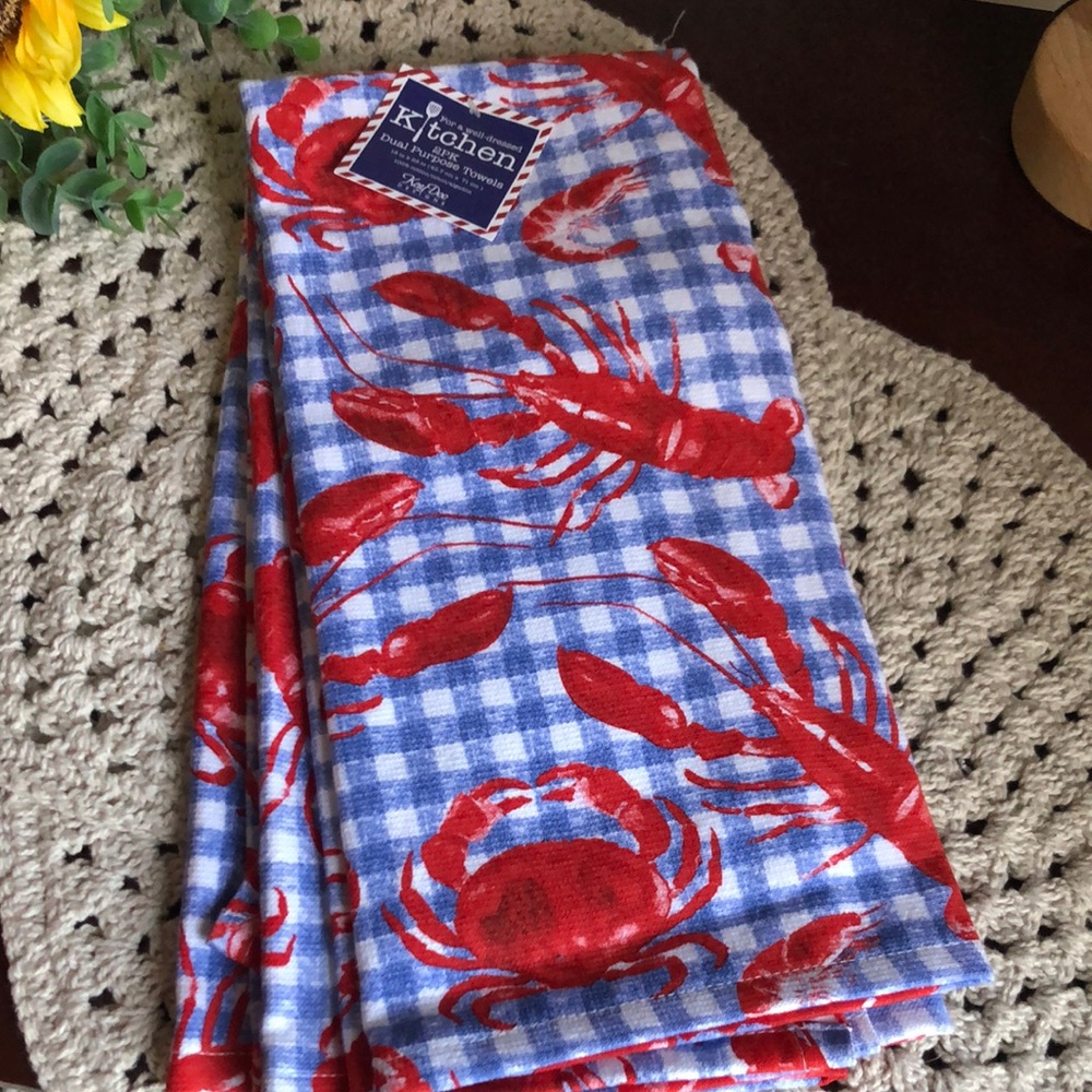 Lobster & Crab Blue Gingham Kitchen Towel - Red & Blue